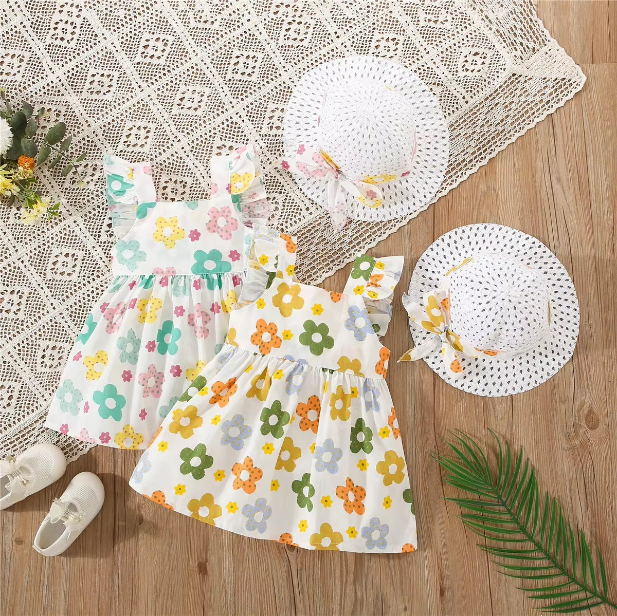 Blossombelle™ Princess Dress Set – Sweet Floral Dress with Flying Sleeves and Matching Bow Hat